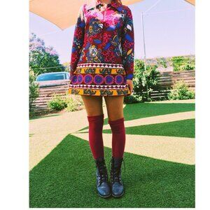 PURPLE PSYCHEDELIC 60'S 70'S A-LINE MINI DRESS FULL SLEEVES